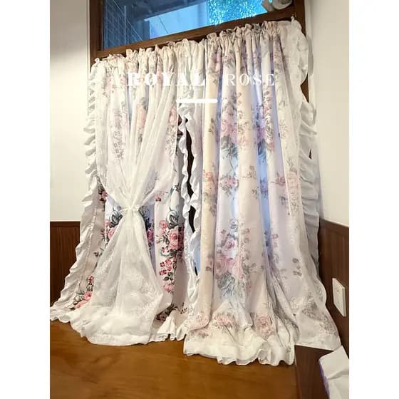 Coreano Pastoral francês Retro Rococo impresso dupla camada dopamina renda quarto porta cortina Bay janela meia cortina