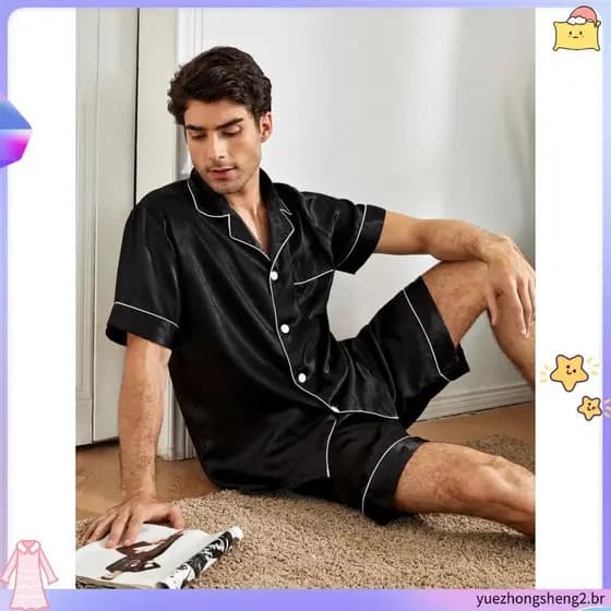 Homens E # 39 ; s Marcos Pijama , Shorts Camisa Manga Curta Com Bolso Botões-Preto