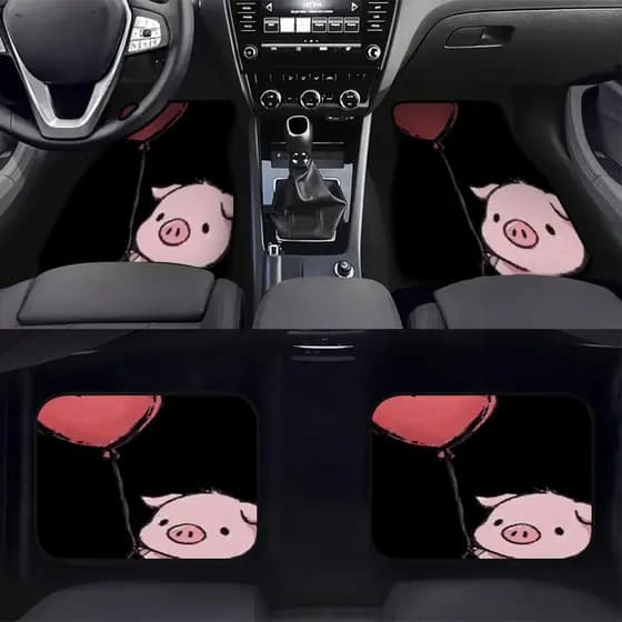 Um conjunto de 4 tapetes para pés de carro, usando formas de porco fofas, Design de balão em formato de coração correspo