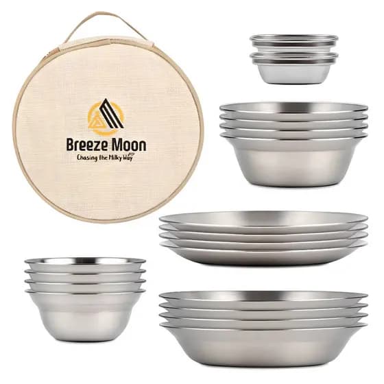 Conjunto De Utensílios De Mesa De Aço Inoxidável Para Acampamento Premium Breeze Moon 18 Unidades-Prato Higiênico Exteri