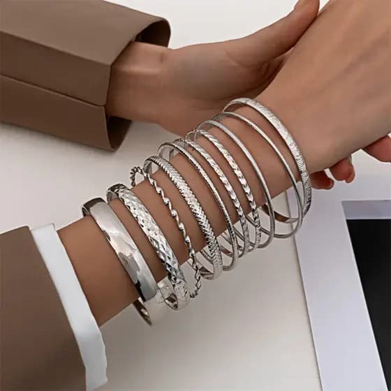 Conjunto De Pulseiras Femininas Com Design Geométrico Largo Vintage De 10 Peças , Acessórios Chiques Para Uma Declaração