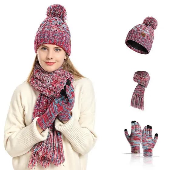 Mulheres Inverno Manter Quente Conjunto Forro De Lã Gorro Telefingers Luvas Engrossar Cachecol Fio Silenciador De Malha