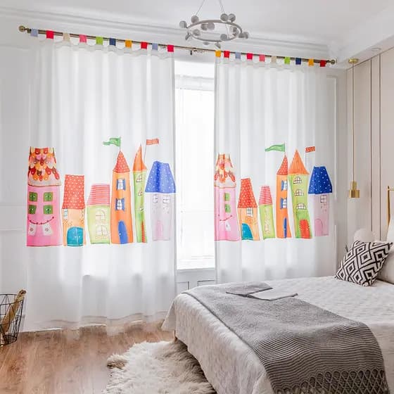 Cortina de quarto infantil castelo, desenho animado, criativo, colorido, meia cortina, meninos, meninas, quarto, janela