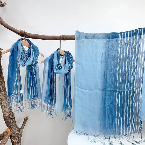 Outono inverno linho Tie-dye cachecol gradiente imitação azul tintura Batik cachecol feminino estilo étnico xale borla