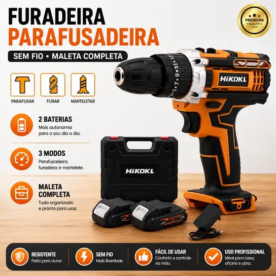 Furadeira Parafusadeira Chave de Impacto Recarregavel 2 Baterias 21V 36V 48V Sem Fio Maleta Completa