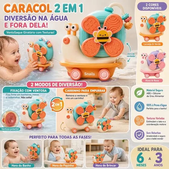 Brinquedo 2 em 1 Caracol Transformável Ventosa Forte ou Carrinho para Bebê Explorar e Estimular os Sentidos