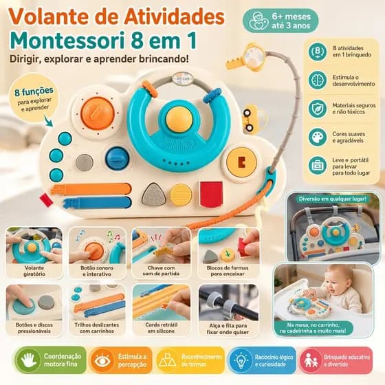 Painel de Atividades Volante Divertido 8 em 1 para Bebê 6M+ Estimular Sentidos e Coordenação Motora