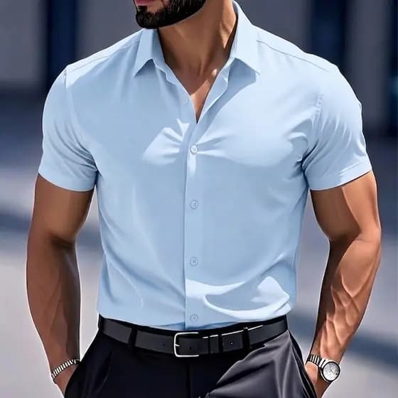 Camisa Masculina Lisa Slim Fit Manga Curta Caimento Simples Sem Bolsos NÃO AMASSA