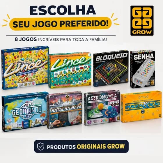 Jogo de Tabuleiro Lince, Bloqueio, Senha, Geomundo, Batalha Naval, Astronomia, Imagem e Ação - Original GROW (Escolha)