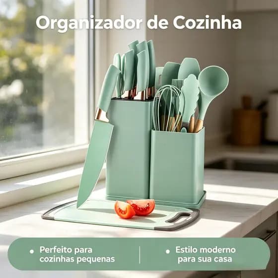 Utensílios de Cozinha Silicone Cabo Madeira Anti-Arranhão 3 Kits 6 12 19 Peças Cor Preto