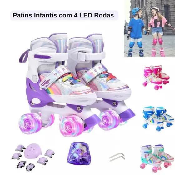 Patins Infantis com 4 Rodas Brilhantes ajustáveis com velcro, seguros e chamativos Presentes