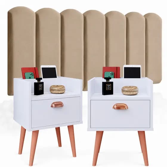 Conjunto P/ Quarto Cabeceira MODULAR NUVEM 0.90 à 1.95 Cama BOX C/ 2 Criado Mudo Milena Pés Retrô