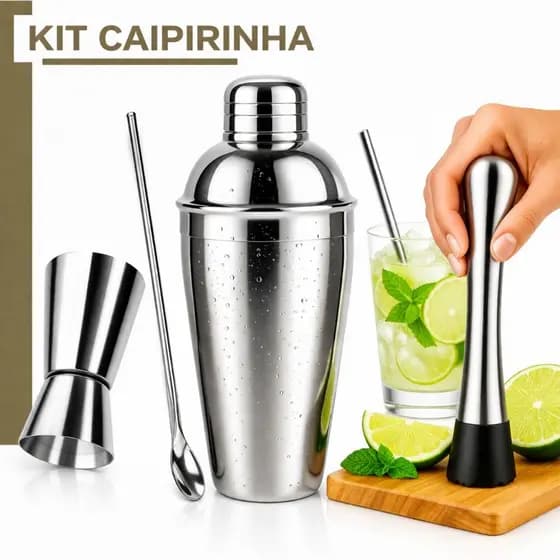 Kit Caipirinha Profissional Coqueteleira Inox 500 ML até 4 Peças Socador Dosador Colher Qualidade