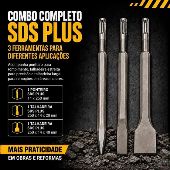 Kit SDS Plus 3 Peças Ponteira Talhadeira Estreita e Larga para Concreto Alvenaria
