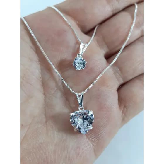 Colar Folheado Com pedra Duplo Coração Cristal Elegante Delicada
