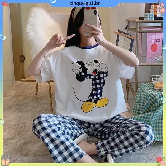 Arranjo do pijama, verão casual cartoon manga curta xadrez calça confortável conjunto de roupas de sala DYMN