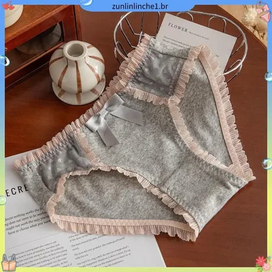 Roupa interior feminina puro algodão doce laço arco meados de cintura renda algodão menina Briefs 2025 novo estilo outon
