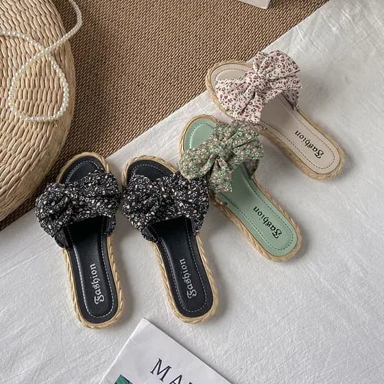 Novo estilo arco chinelos moda exterior Wear senhoras verão sapatos de praia sandálias planas Flip-Flops feminino