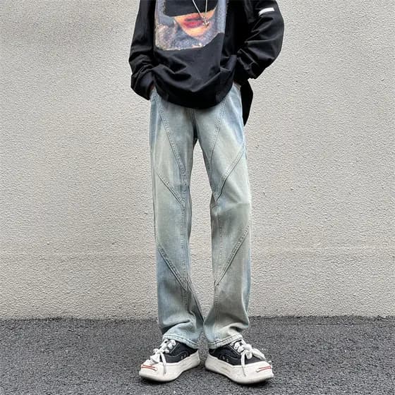 Primavera verão High Street estilo americano costura Retro Jeans masculino solto em linha reta hiphop Drape Design calça