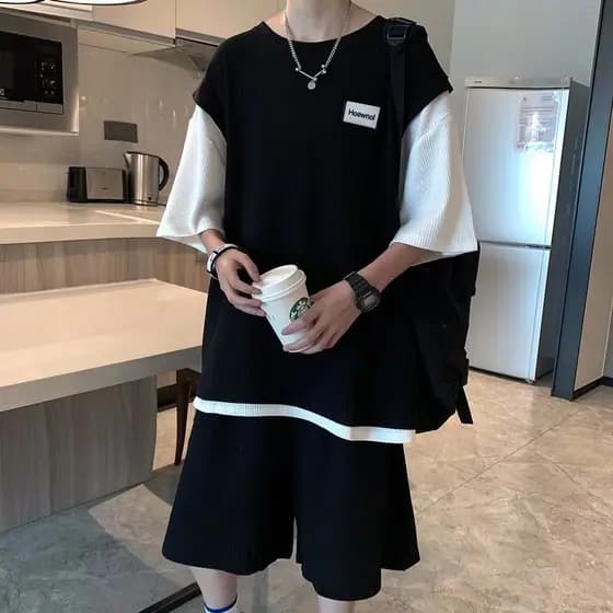 Verão ins estilo Hong Kong Casual falso de duas peças de manga curta camiseta terno masculino na moda solto All-Match Sh