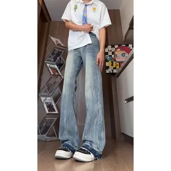 Textura lavada angustiado Jeans retos masculino outono americano Street Wear Retro High-End solto Casual ligeiramente qu
