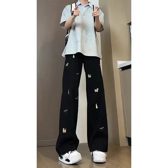 Desenhos animados filhote de cachorro bordado Jeans masculino street Wear americano High street vibe calças magro-ajuste