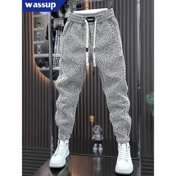 WASSUP Outono Inverno Calças Casuais Homens Mulheres Mesmo Estilo Moda Tendência Listras Diagonais Bolsos Grandes Calças