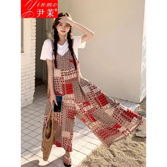 Férias estilo preguiçoso redução de idade impresso macacão feminino verão 2025 novo estilo estilo Popular High-End senti