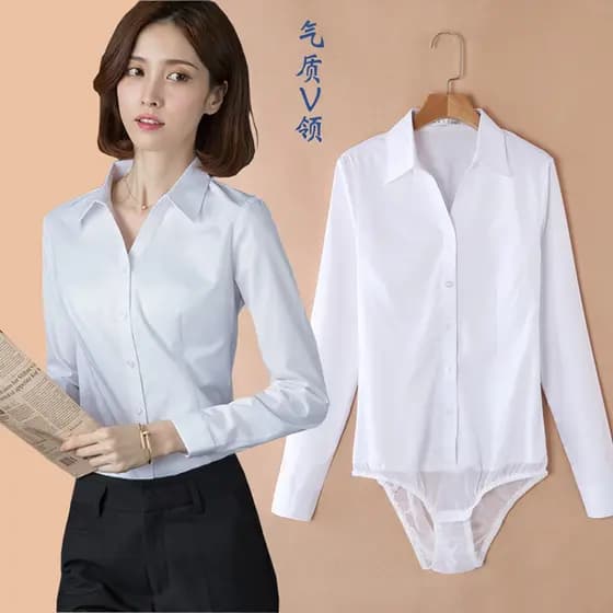 Elástico novo estilo com decote em V longo de manga curta profissional All-Match senhora camisa de uma peça servo Civil