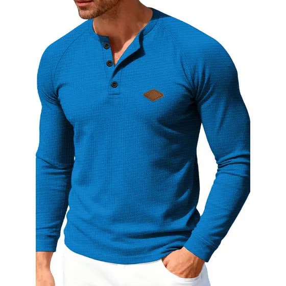 Top de manga comprida masculino manga longa topo masculino estilo fino Waffle botão de secagem rápida Raglan ombro Henry