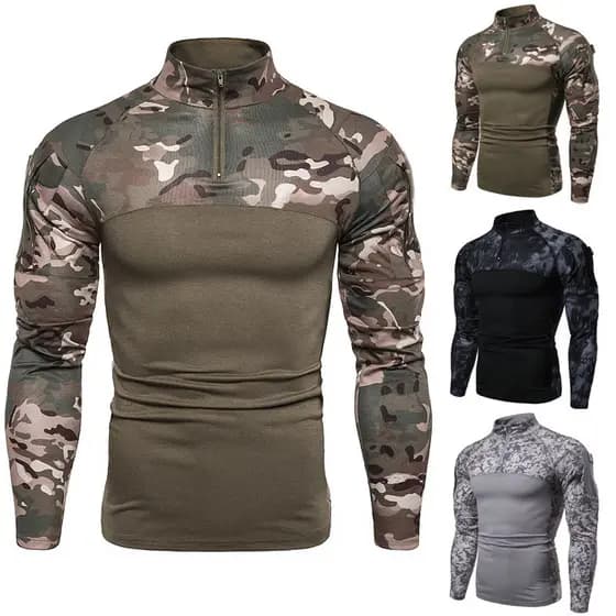 Campo de batalha militar ao ar livre elástico fitness camuflagem manga comprida camiseta com zíper bolso fitness camufla