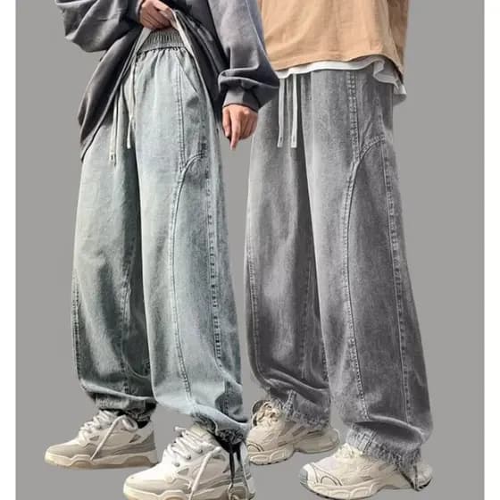 Calças vibe americanas High street street Wear cordão lavado Jeans masculino cintura elástica reta calças de perna larga