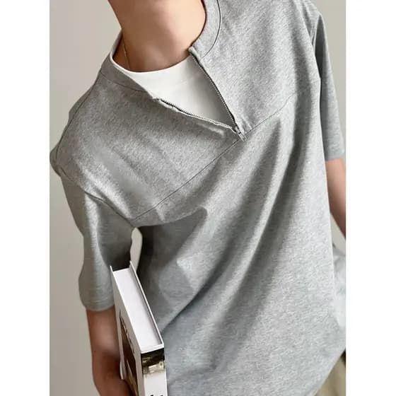 High-End sentir falso de duas peças meio zíper camiseta de manga curta masculina verão Street Wear solto nicho Design se