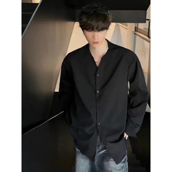 Cleanfit camisa sem gola masculina Design de manga comprida primavera outono versão coreana solta High-End rufião bonito