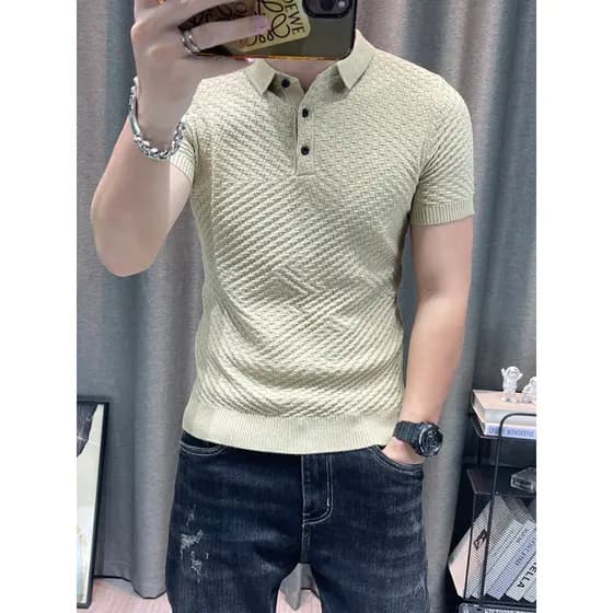 Camisola de lapela de cor sólida masculina meia manga gola polo camisola de manga curta estiramento magro juventude cami