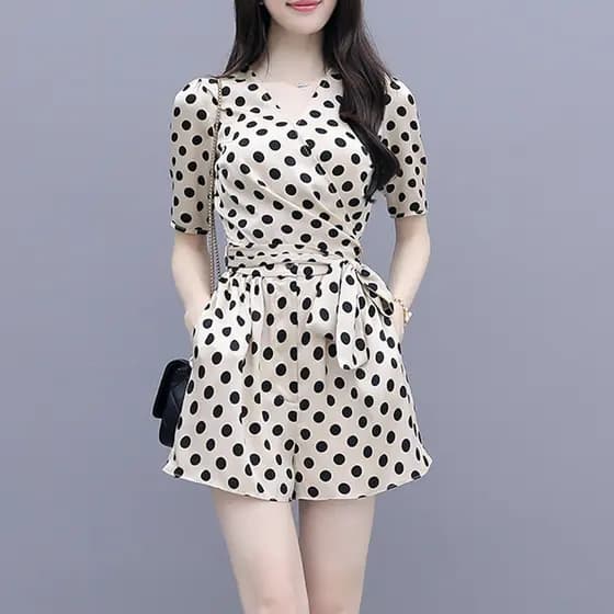 Verão novo estilo pequenas senhoras macacão fino-ajuste mais magro olhar elegante Chiffon com decote em V Polka Dot maca