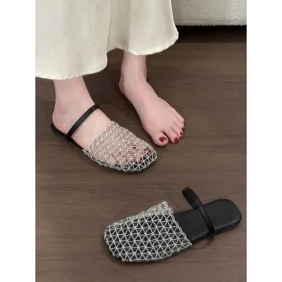 Malha oca Baotou meia chinelos feminino exterior Wear 2026 novo estilo verão estilo francês com saia fundo plano sandáli