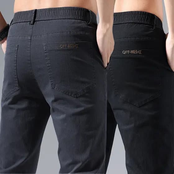 Calças casuais masculinas verão estiramento fino-ajuste em linha reta calças masculinas juventude All-match negócios pés