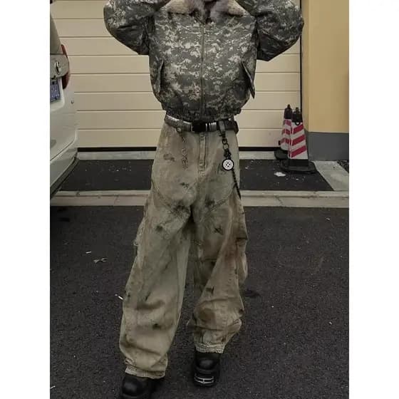 Retro Wasteland Estilo Angustiado Lama Amarela Tingido Design Costura Machete Jeans Homens Americano Solto Perna Larga T