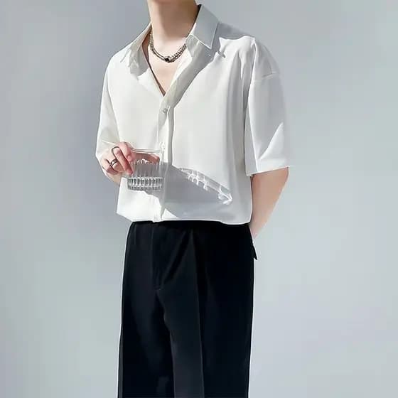 Verão fino camisa de manga curta masculina na moda solta Drop-holding polegada camisa luz estilo maduro bonito All-Match