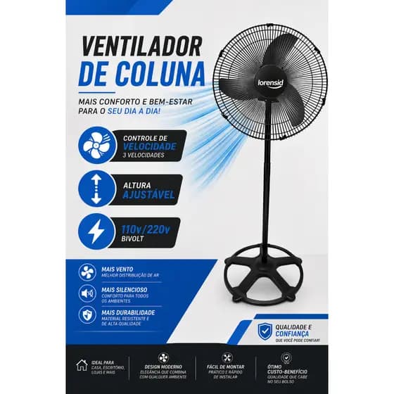 Ventilador de Coluna Loren Sid Sprint 60cm 3 Velocidades Bivolt Preto
