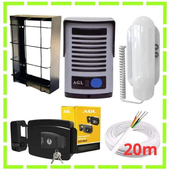 Kit Porteiro Interfone Completo Agl Com Protetor Fechadura e 20m de Cabo