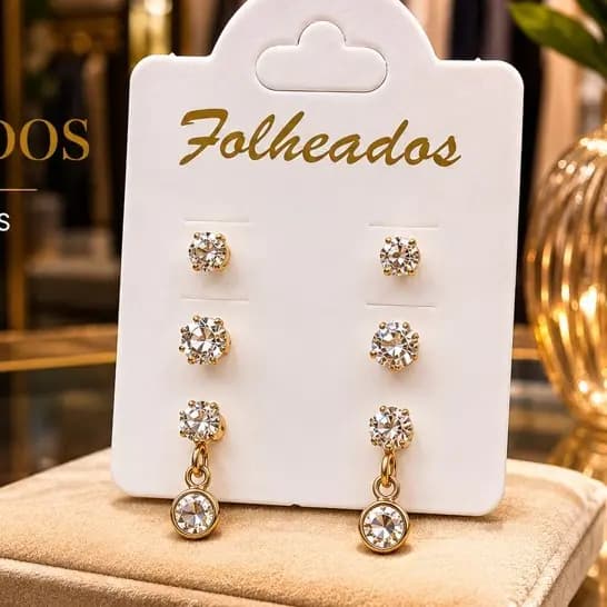 Kit Trio 3 Pares Brincos Femininos Folheados Ponto de Luz Zircônia Elegante