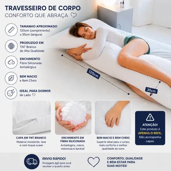 Travesseiro de Corpo Enchimento em Fibra 120x20cm Kit Com 2 ou Unitário