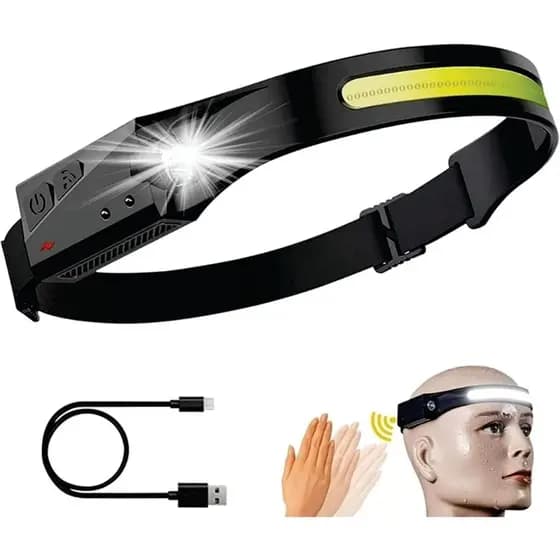 Lanterna de Cabeça LED Recarregável USB – 350 Lumens, Sensor de Movimento, Fita Ajustável para Camping, Trilha, Trabalho