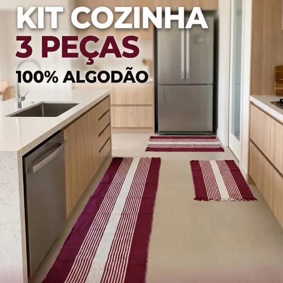 Jogo Tapete de Cozinha 3 - Kit 1 Passadeira + 2 Tapetes 4 Algodão Decoração Moderna