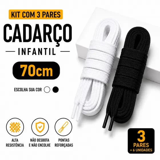 Kit 3 Pares Cadarço 70cm Infantil Chato Preto ou Branco Resistente Não Desbota Tênis Criança