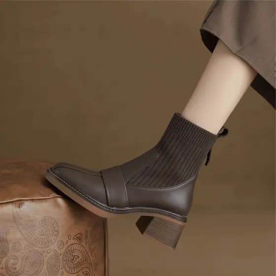 Botas curtas de malha de salto grosso femininas 2026 outono inverno novo estilo botas finas de salto alto All-Match esti