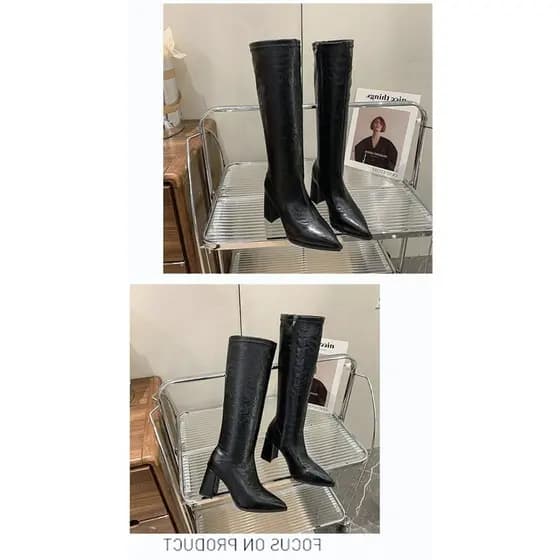 Dedo do pé apontado salto grosso zíper lateral não joelho botas femininas 2026 outono inverno novo estilo moda salto alt