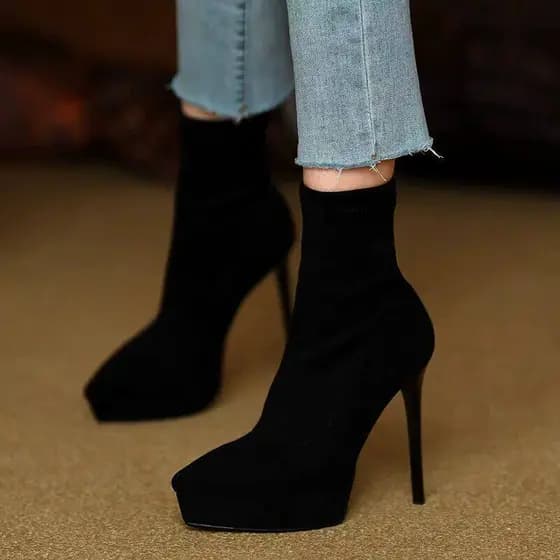 Preto à prova dwaterproof água plataforma camurça Stiletto botas curtas feminino 2026 novo estilo outono inverno apontou